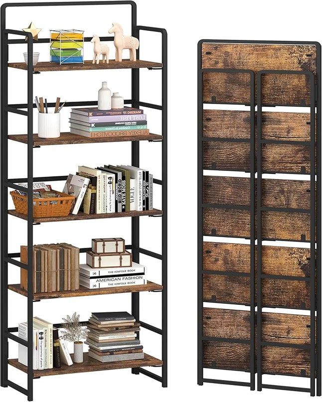 4NM No-Assembly 5 Tiers Folding Bookshelf Storage Shelves Vintage Bookcase Standing Racks Study Organizer Home Office (Rustic Brown, 5 Tiers) - LeafyLoom