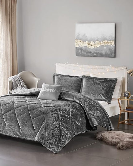 Intelligent Design Queen Duvet Cover Set, Velvet Queen Duvet Set, Luxury Diamond Quilting Grey Duvet Cover, Fluffy Duvet Cover with Decorative Pillow and 2 Shams, 4 Pieces, Grey, Full/Queen - LeafyLoom