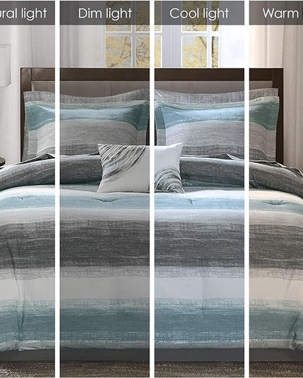 Madison Park Essentials Twin Comforter Set, Bed in a Bag Twin, Watercolor Print Coastal Comforter & Chambray Cotton Sheet Set, All Season Bedding Set, Saben, Aqua Twin (68 in x 86 in) 7 Piece - LeafyLoom