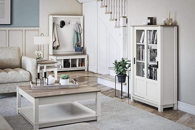 Ameriwood Home Chapel Hill Rustic Farmhouse Bookcase Cabinet with Sliding Glass Doors, White with Brown Oak Top - LeafyLoom