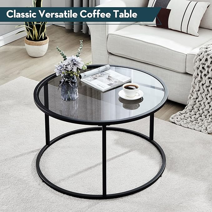 SAYGOER Round Coffee table Glass Coffee Tables for Small Space Simple Modern Center Table for Living Room Home Office, Sofa Side Table with Metal Steel Frame, Easy Assembly, Gray Black - LeafyLoom