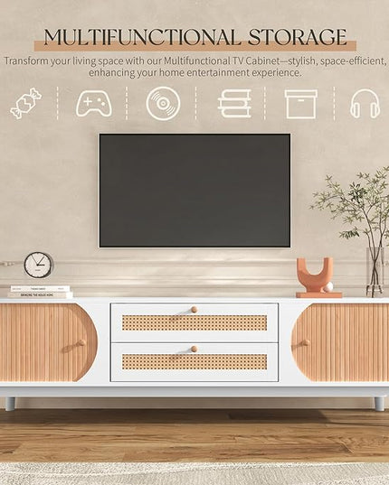 Merax Rattan TV Stand for TVs up to 75", Modern Farmhouse Media Console with Multi-Functional Storage, Boho Entertainment Center with Solid Wood Legs, Television Cabinet for Living Room, Natural+White - LeafyLoom