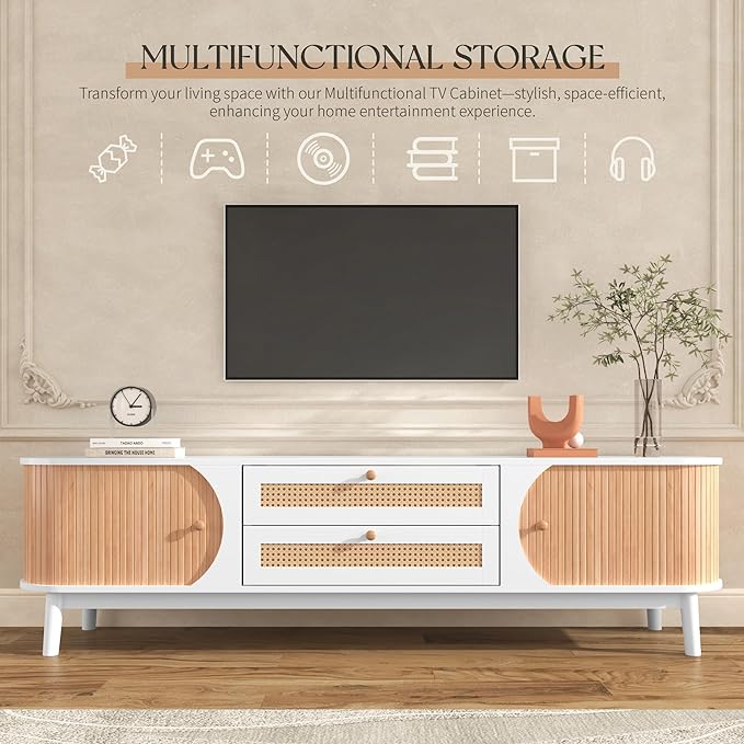 Merax Rattan TV Stand for TVs up to 75", Modern Farmhouse Media Console with Multi-Functional Storage, Boho Entertainment Center with Solid Wood Legs, Television Cabinet for Living Room, Natural+White - LeafyLoom