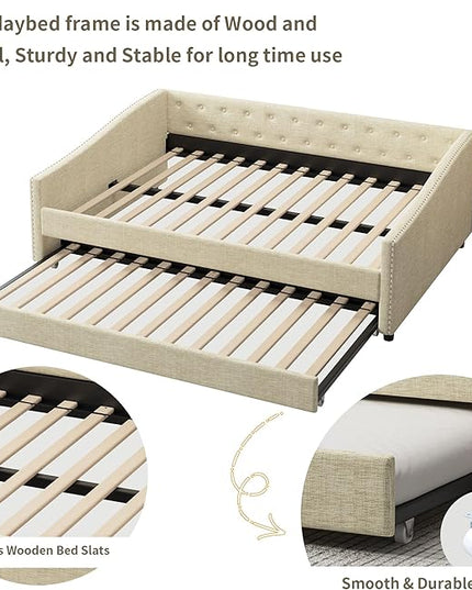 Full Size Upholstered Daybed with Twin Size Trundle,Wood Sofa Bed Frame W/Button Tufted Back and Nailhead Decorated Waved Shape Arms,Slat Support,for Bedroom,Living Room,Apartment,Beige - LeafyLoom