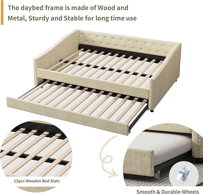 Full Size Upholstered Daybed with Twin Size Trundle,Wood Sofa Bed Frame W/Button Tufted Back and Nailhead Decorated Waved Shape Arms,Slat Support,for Bedroom,Living Room,Apartment,Beige - LeafyLoom