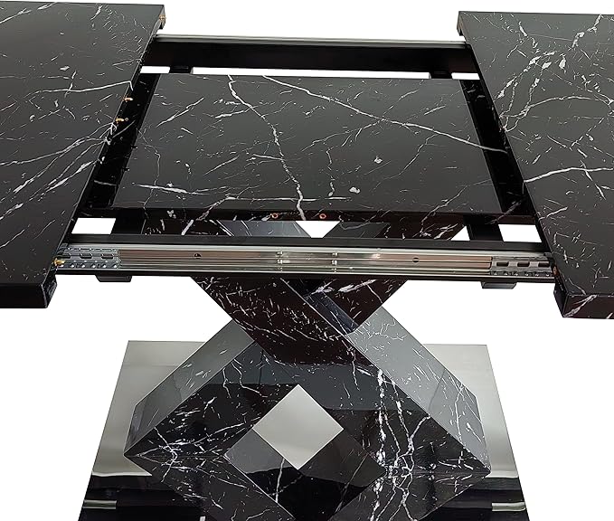 NicBex Dining Table Contemporary Kitchen Table Farmhouse Rustic Square Dining Table, Stretchable, Printed Black Marble Table Top+MDF X-Shape Table Leg with Metal Base, Easy Assembly, Black - LeafyLoom