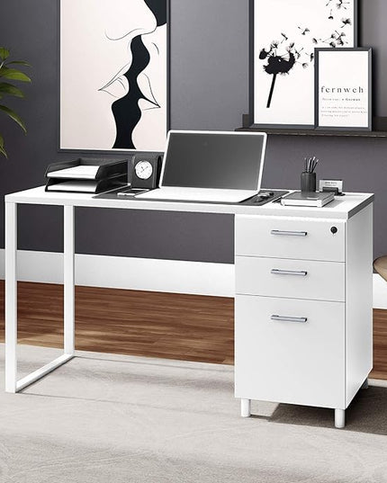 Milano Home Office Desk - 47 Inch White/White Home Office Desk with Drawers - Modern Computer Desk with Storage, Detachable & Lockable Computer Cabinet - Wooden Office, Study, and Writing Table - LeafyLoom
