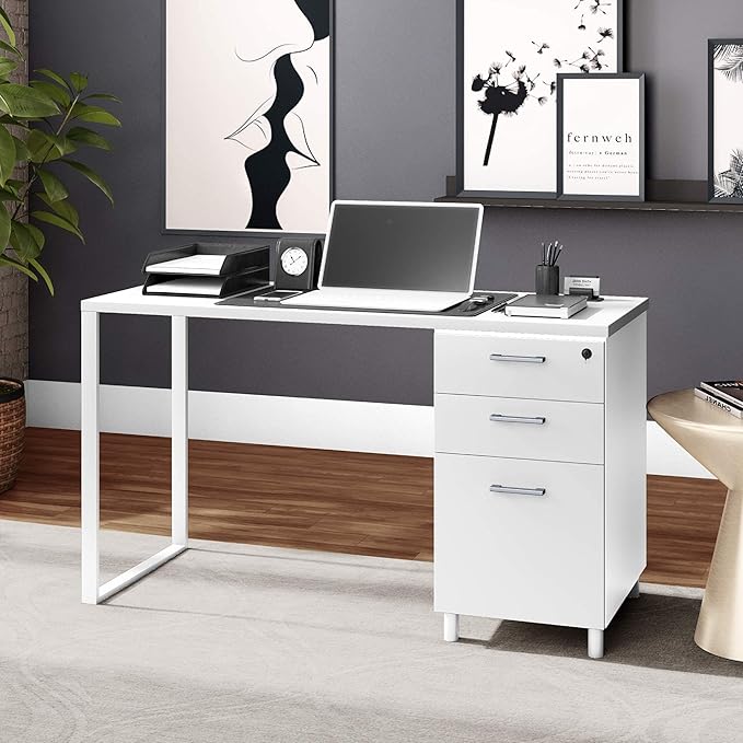 Milano Home Office Desk - 47 Inch White/White Home Office Desk with Drawers - Modern Computer Desk with Storage, Detachable & Lockable Computer Cabinet - Wooden Office, Study, and Writing Table - LeafyLoom
