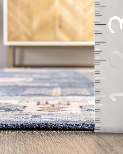 nuLOOM Norma Machine Washable Traditional Medallion Ultra Thin Area Rug, 6' x 9', Blue - LeafyLoom