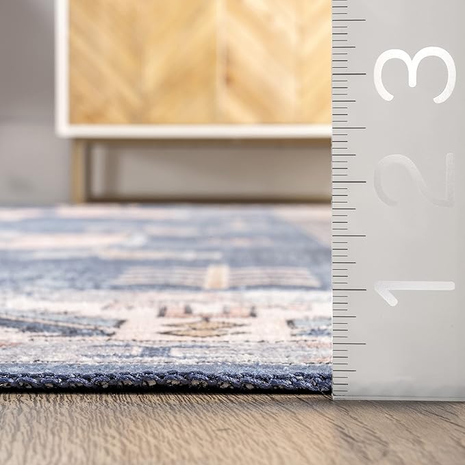 nuLOOM Norma Machine Washable Traditional Medallion Ultra Thin Area Rug, 6' x 9', Blue - LeafyLoom