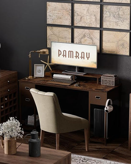 Pamray 55 Inch Computer Desk with Non-woven Storage Drawers and Monitor Stand Home Office Desk for Bedroom Study Table Writing and Work Desk Vintage - LeafyLoom