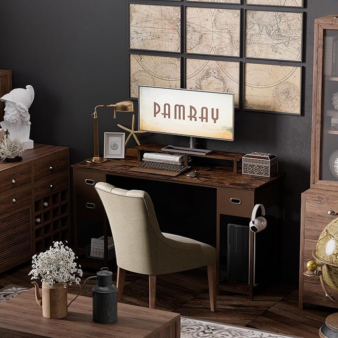 Pamray 55 Inch Computer Desk with Non-woven Storage Drawers and Monitor Stand Home Office Desk for Bedroom Study Table Writing and Work Desk Vintage - LeafyLoom