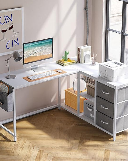 Treesland L Shaped Desk with Drawers, 55 inch Computer Desk with Storage & Shelves, Corner Desk with Storage, Home Office Desks with Drawers, L Shape Desks with Storage, White - LeafyLoom