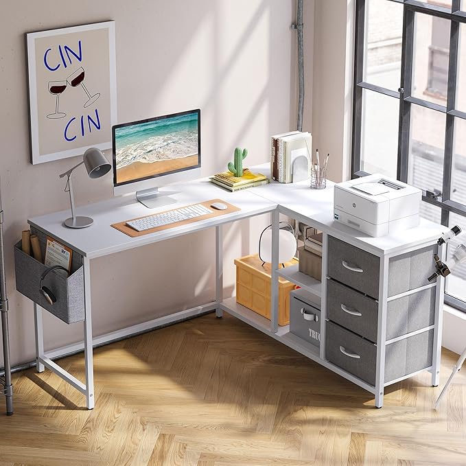 Treesland L Shaped Desk with Drawers, 55 inch Computer Desk with Storage & Shelves, Corner Desk with Storage, Home Office Desks with Drawers, L Shape Desks with Storage, White - LeafyLoom