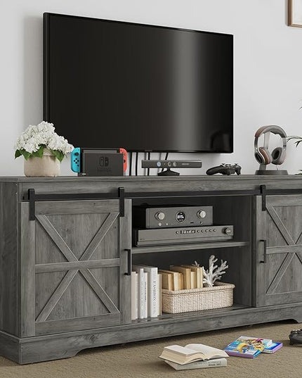 YITAHOME Farmhouse TV Stand for 65/60/55 Inch, Modern Entertainment Center with Sliding Barn Door, Wood TV Media Console Storage TV Cabinet for Living Room for 300lbs, Rustic Grey - LeafyLoom