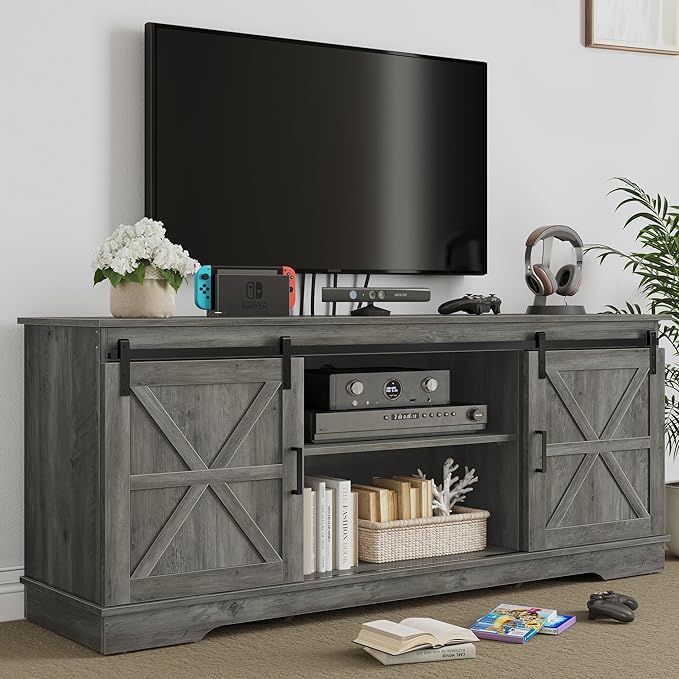 YITAHOME Farmhouse TV Stand for 65/60/55 Inch, Modern Entertainment Center with Sliding Barn Door, Wood TV Media Console Storage TV Cabinet for Living Room for 300lbs, Rustic Grey - LeafyLoom