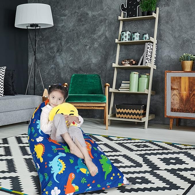 Stuffed Animal Storage Bean Bag Chair Cover, Cotton Blue Dinosaur Plush Toy Storage Stuff and Sit Seat for Kids/Teens/Adults, 52" x 31" Extra Large Triangle Floor Sofa, 200L/52Gal, Cover Only - LeafyLoom