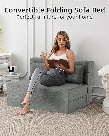 Convertible Folding Sofa Bed - Sleeper Chair with Pillow, Modern Linen Fabric Floor & Futon Couch, Foldable Mattress for Living Room/Dorm/Guest/Home Office/Apartment, Standard Size, Light Gray - LeafyLoom