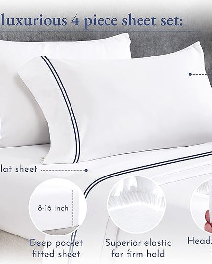 California Design Den Luxury Queen Size Sheet Set - 100% Cotton, 600 Thread Count Deep Pocket Queen Sheets, Hotel-Quality Bedding with Sateen Weave - White Embroidered Navy - LeafyLoom