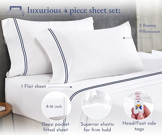 California Design Den Luxury Queen Size Sheet Set - 100% Cotton, 600 Thread Count Deep Pocket Queen Sheets, Hotel-Quality Bedding with Sateen Weave - White Embroidered Navy - LeafyLoom
