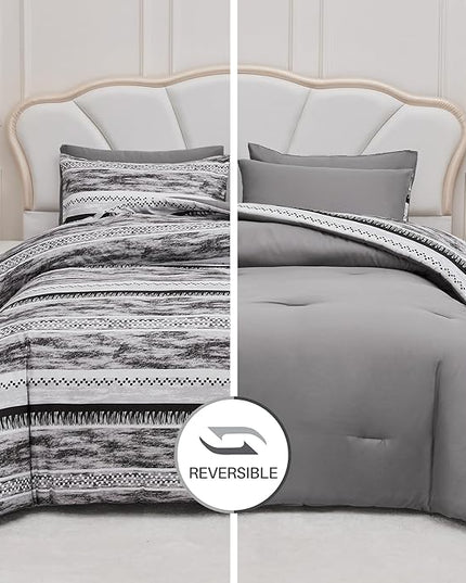 Striped Queen Size Comforter Set, Grey Black 3 PCS Microfiber Soft Lightweight Bedding Set - LeafyLoom