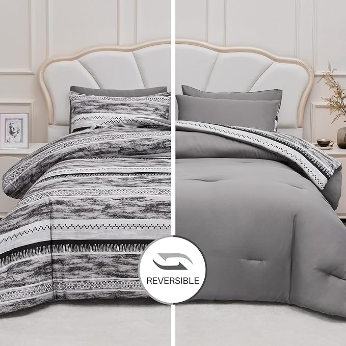 Striped Queen Size Comforter Set, Grey Black 3 PCS Microfiber Soft Lightweight Bedding Set - LeafyLoom