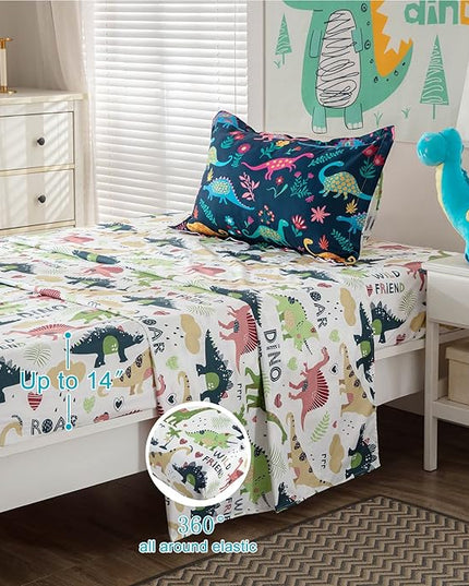 Dinosaur Twin Comforter Set for Boys Girls 4-Piece Dino Kids Bedding Sets Ultra Soft Cartoon Bedroom Set - Include Reversible Comforter, Flat Sheet, Fitted Sheet and Pillowcase, Blue - LeafyLoom