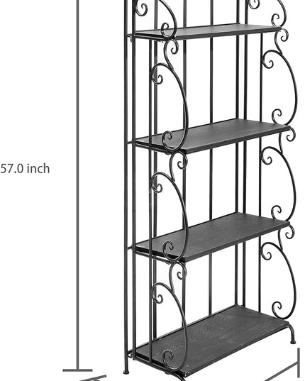 MyGift Black Metal Freestanding Shelf Rack, Decorative Bakers Rack Bookshelf Storage Shelf Unit with Metal Scrollwork Frame, Indoor Plant Pot Display Stand with 4 Wood Shelves - LeafyLoom