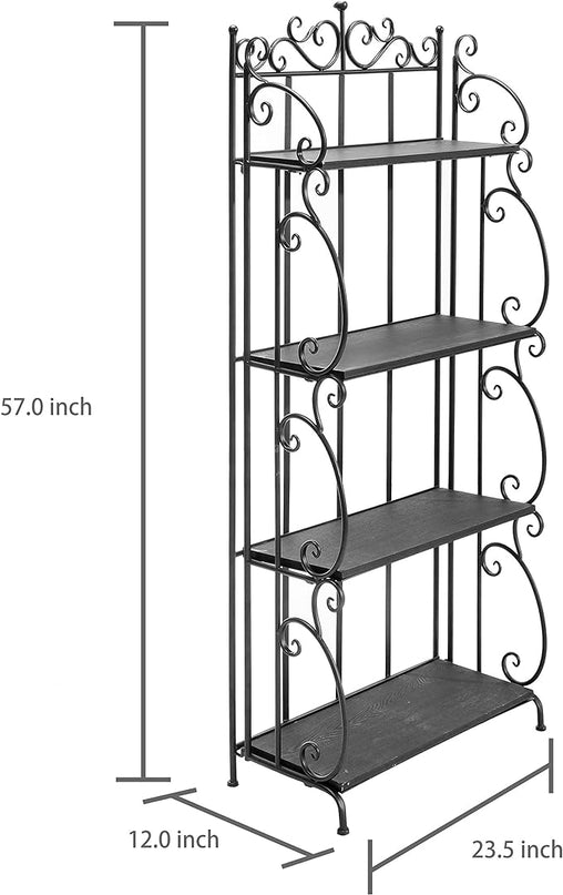 MyGift Black Metal Freestanding Shelf Rack, Decorative Bakers Rack Bookshelf Storage Shelf Unit with Metal Scrollwork Frame, Indoor Plant Pot Display Stand with 4 Wood Shelves - LeafyLoom
