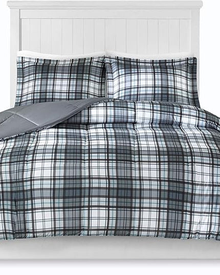 Madison Park Essentials Parkston Plaid Comforter, Matching Sham, 3M Scotchguard Stain Release Cover, Hypoallergenic All Season Bedding-Set, King/California King, Grey, 3 Piece - LeafyLoom