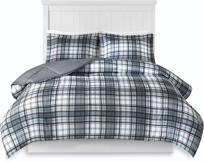Madison Park Essentials Parkston Plaid Comforter, Matching Sham, 3M Scotchguard Stain Release Cover, Hypoallergenic All Season Bedding-Set, King/California King, Grey, 3 Piece - LeafyLoom