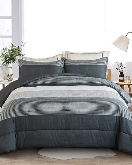WONGS BEDDING Dark Grey Comforter Set Queen, Reversibl Grey Stripe Down Alternative Comforter for All Season,3 Pieces(1 Patchwork Comforter+2 Pillowcases), Soft Microfiber Bedding Set 90”×90” - LeafyLoom