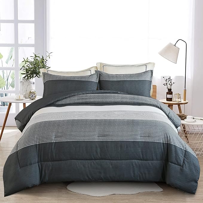 WONGS BEDDING Dark Grey Comforter Set Queen, Reversibl Grey Stripe Down Alternative Comforter for All Season,3 Pieces(1 Patchwork Comforter+2 Pillowcases), Soft Microfiber Bedding Set 90”×90” - LeafyLoom