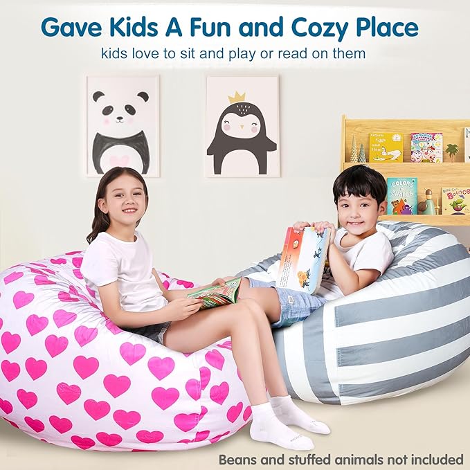 Lukeight Stuffed Animal Storage Bean Bag Chair Cover for Kids, Zipper Beanbag Chair Cover for Organizing Toddler & Kids' Rooms Plush Toys (Heart Velvet, Large) - LeafyLoom