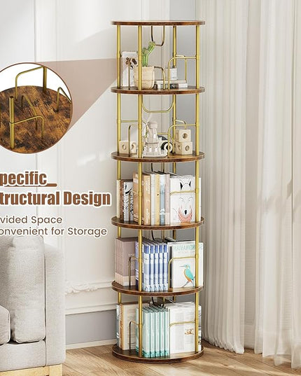 5 Tier Rotating Bookshelf, 360 ° Display Stackable Spinning Bookshelf Tower, Narrow Space Saving Tall Floor Standing Swivel Bookcase Corner Storage Organizer for Bedroom, Living Room, Gold - LeafyLoom