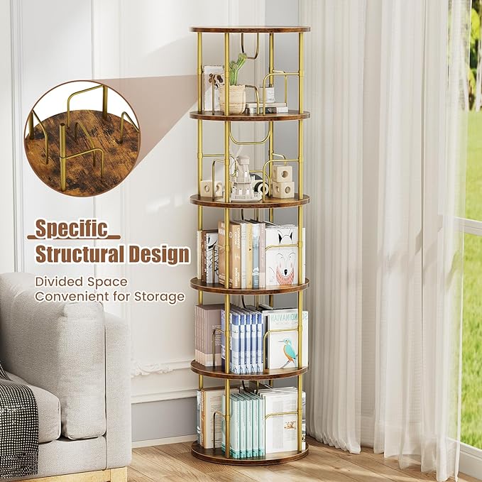 5 Tier Rotating Bookshelf, 360 ° Display Stackable Spinning Bookshelf Tower, Narrow Space Saving Tall Floor Standing Swivel Bookcase Corner Storage Organizer for Bedroom, Living Room, Gold - LeafyLoom