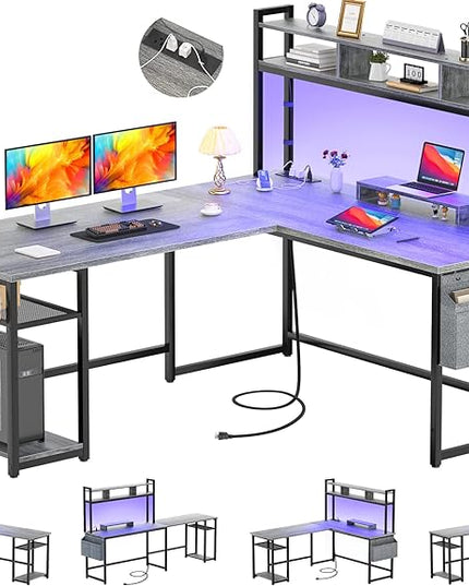 Aheaplus L Shaped Desk with Power Outlet & LED Strip, Reversible L-Shaped Corner Computer Desks Gaming Desk with Storage Shelf & Monitor Stand, Modern 2 Person Home Office Desk Writing Desk, White Oak - LeafyLoom