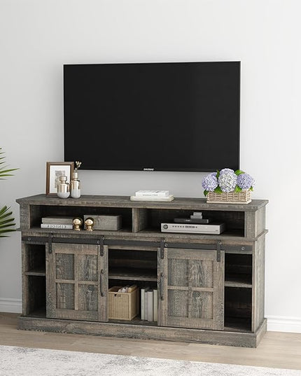 TV Stand with 2 Sliding Barn Doors, 58 Inch TV Stand with Storage Cabinet and Shelves, Television Stands with Storage for Living Room, Bedroom, Antique Brown - LeafyLoom