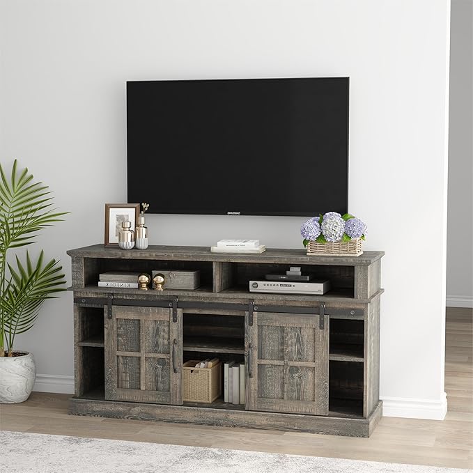 TV Stand with 2 Sliding Barn Doors, 58 Inch TV Stand with Storage Cabinet and Shelves, Television Stands with Storage for Living Room, Bedroom, Antique Brown - LeafyLoom