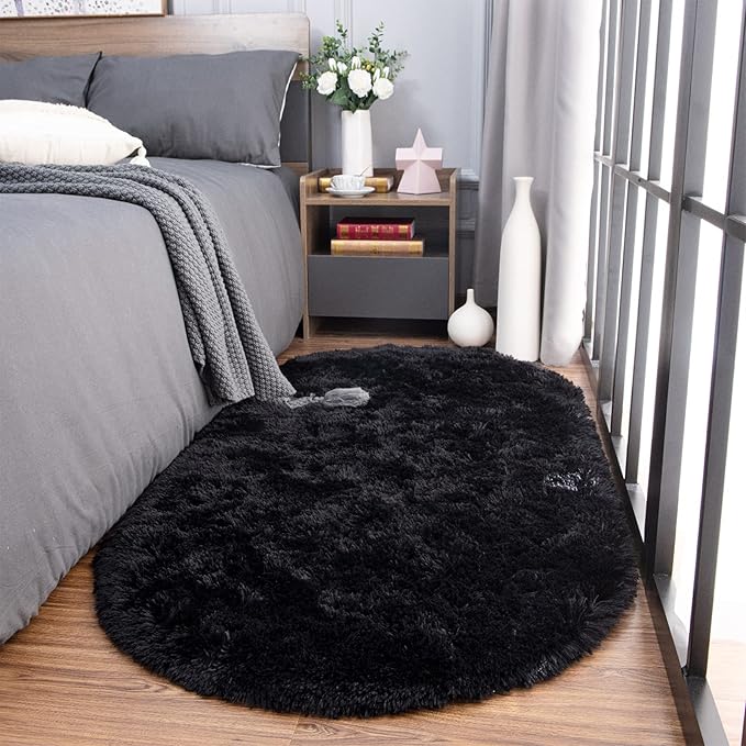 Noahas Black Fluffy Rugs for Bedroom,2'X 5' Oval Ultra Soft Bedroom Rugs,Small Throw Rugs, Kids Room Carpet Modern Shaggy Area Rugs Home Decor - LeafyLoom