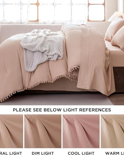 Litanika Queen Size Comforter Set Pink,3 Pieces Blush Boho Pom Pom Lightweight Bed Comforter, All Season Soft Solid Color Bedding Comforter Sets for Girls (1 Comforter 90x90 Inch, 2 Pillowcases) - LeafyLoom