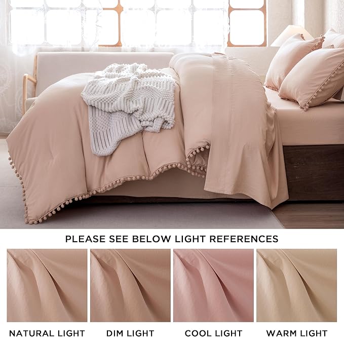 Litanika Queen Size Comforter Set Pink,3 Pieces Blush Boho Pom Pom Lightweight Bed Comforter, All Season Soft Solid Color Bedding Comforter Sets for Girls (1 Comforter 90x90 Inch, 2 Pillowcases) - LeafyLoom