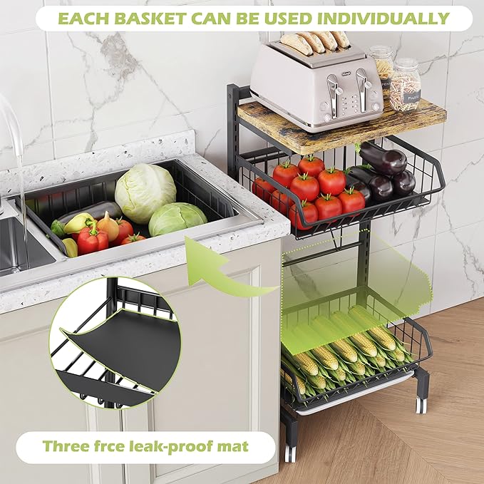 COVAODQ Fruit Basket 4-Tier Adjustable Fruit Vegetable Basket Cart Metal Wire Storage Cart Rolling Pantry Utility Kitchen Cart - LeafyLoom