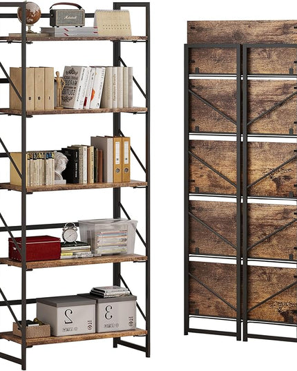 JSB No Assembly Folding Bookshelf, 5 Tier Industrial Metal Book Shelf for Storage, Vintage Wood foldable Bookcase for Living Room, Bedroom, Office Organization Shelves - LeafyLoom