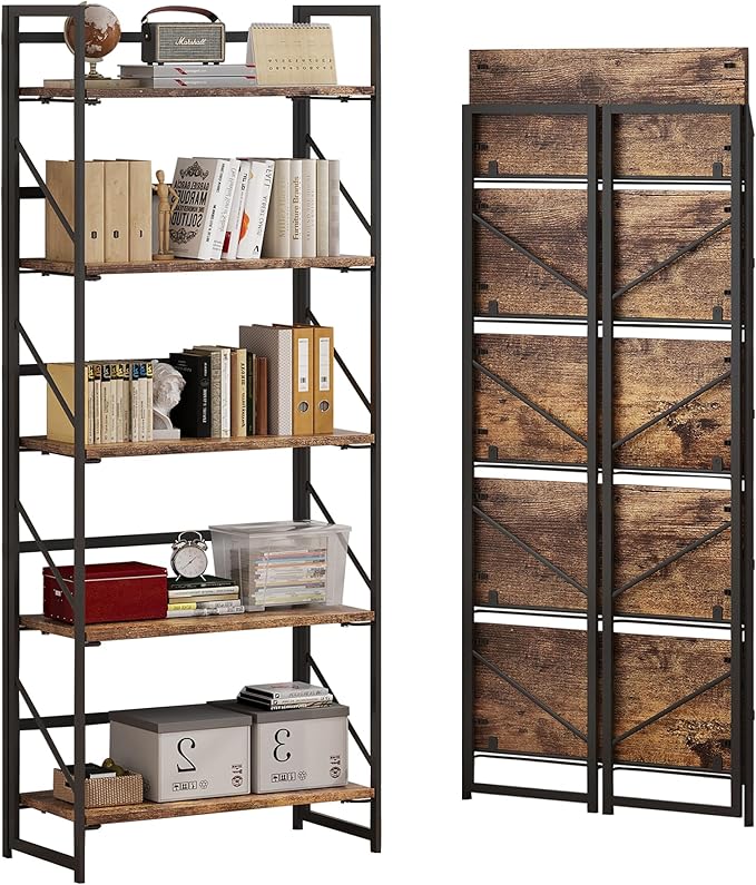 JSB No Assembly Folding Bookshelf, 5 Tier Industrial Metal Book Shelf for Storage, Vintage Wood foldable Bookcase for Living Room, Bedroom, Office Organization Shelves - LeafyLoom