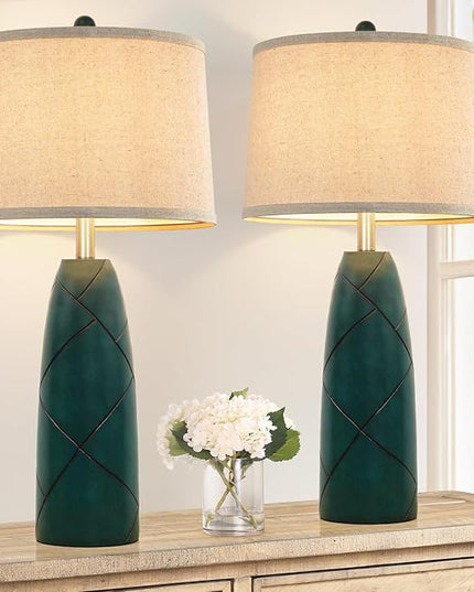 26" Tall Table Lamps for Living Room Set of 2, Modern Green Lamps for Bedrooms, Farmhouse Rustic Bedside Nightstand Lamps, Large End Table Lamps for Office Kids Room Study Room - LeafyLoom
