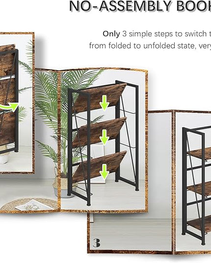 4NM No-Assembly Folding Bookshelf Storage Shelves 3 Tiers Vintage Bookcase Standing Racks Study Organizer Home Office (Rustic Brown and Black) - LeafyLoom