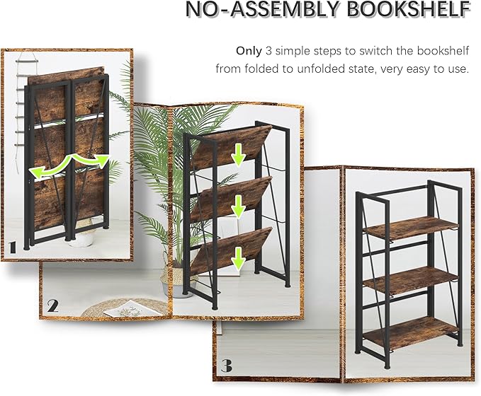 4NM No-Assembly Folding Bookshelf Storage Shelves 3 Tiers Vintage Bookcase Standing Racks Study Organizer Home Office (Rustic Brown and Black) - LeafyLoom