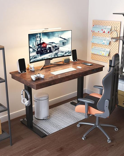 Electric Standing Desk with Drawer,48 x 24 Inches Standing Desk Adjustable Height Desk with 12W Wireless Charging,One-Piece Wooden Desktop Sit Stand Up Desk, Memory Home Office Desks - LeafyLoom