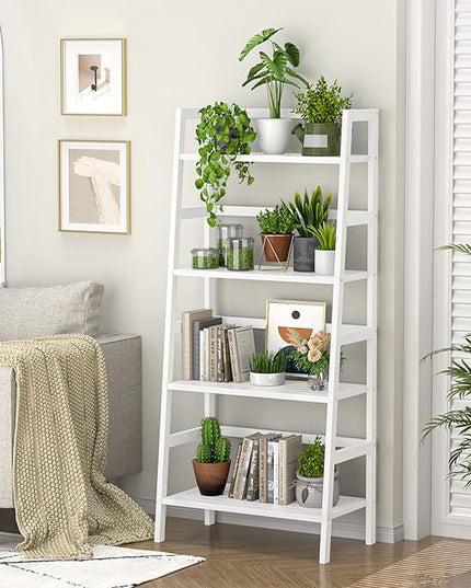 Homykic Bamboo White Bookshelf 4-Tier Ladder Shelf, 49.2” Freestanding Open Bookcase Book Shelf Bathroom Storage Shelf Unit Plant Stand for Small Space, Bedroom, Living Room, Home Office - LeafyLoom